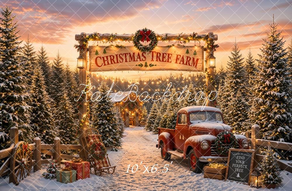 Kate Christmas Tree Farm Red Truck Snow Backdrop Designed by Emetselch - Image 4