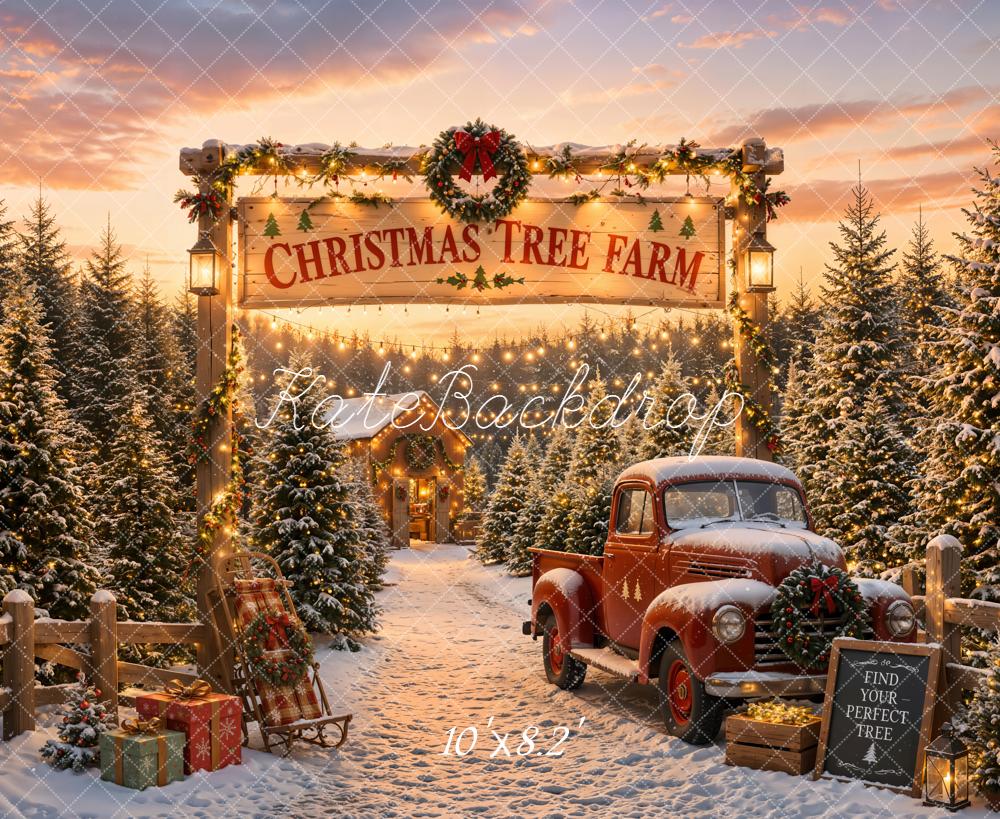 Kate Christmas Tree Farm Red Truck Snow Backdrop Designed by Emetselch - Image 6
