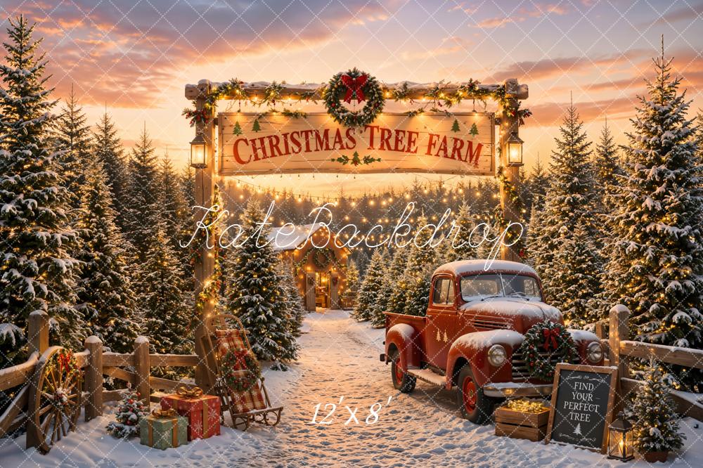 Kate Christmas Tree Farm Red Truck Snow Backdrop Designed by Emetselch - Image 8