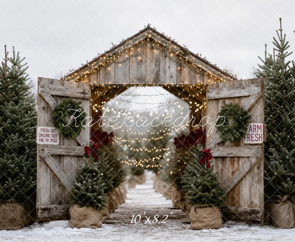 Kate Christmas Tree Farm Wooden Barn Lights Backdrop Designed by Emetselch - Image 6