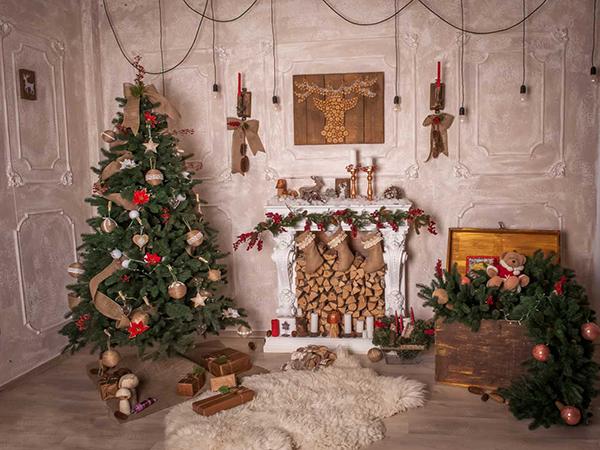 Kate Christmas Tree Fireplace Room Background for Family Photography