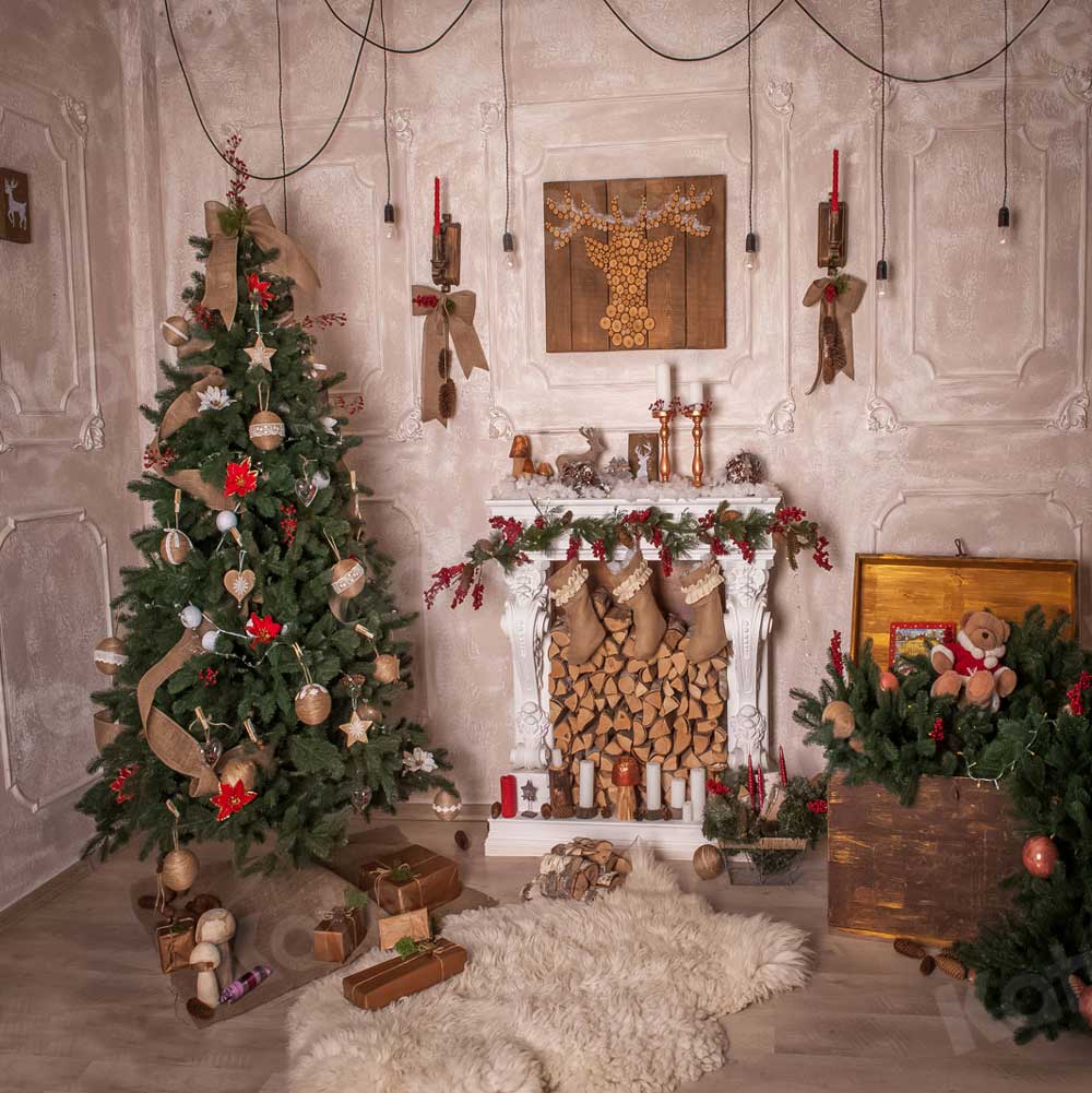 Kate Christmas Tree Fireplace Room Background for Family Photography - Image 2