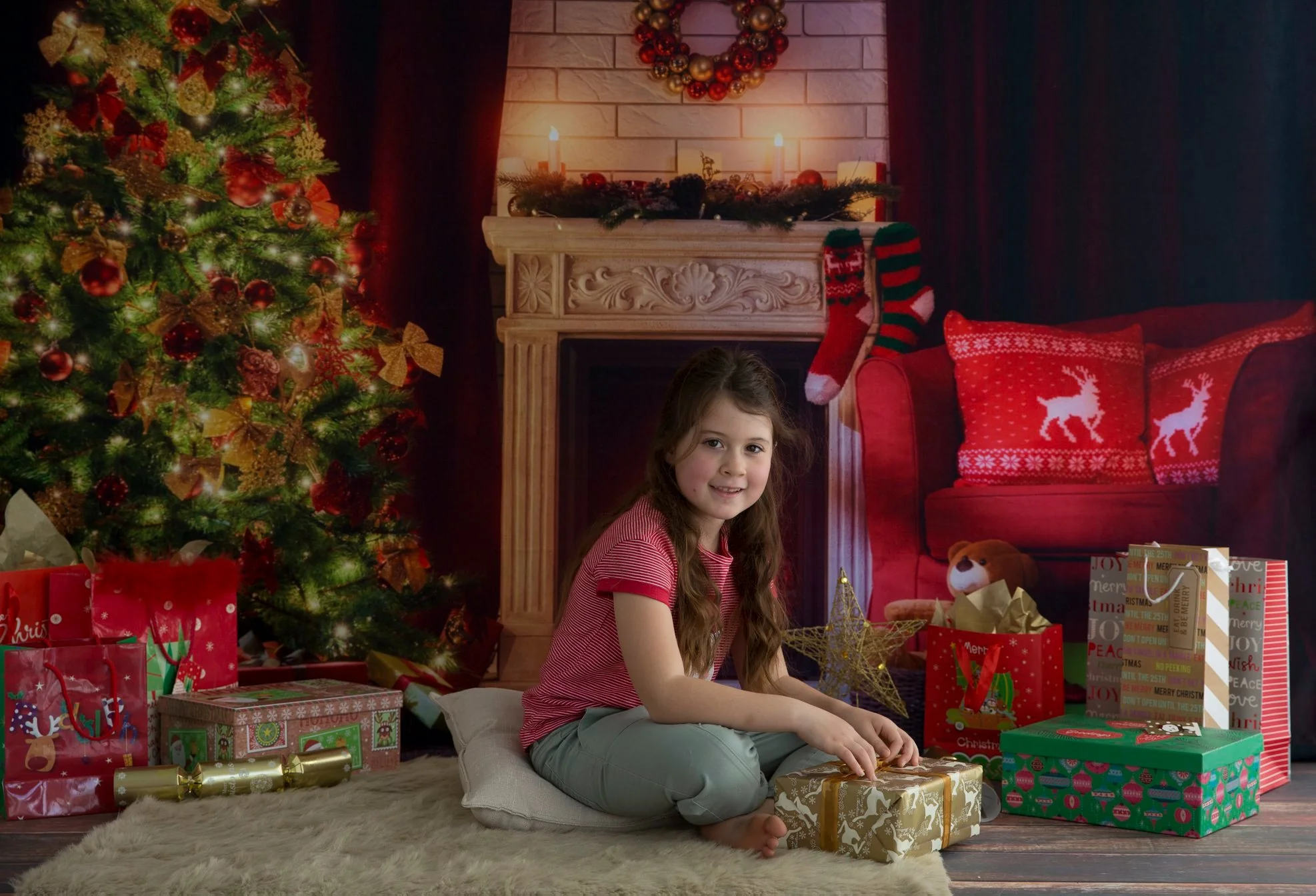 Kate Christmas Tree Fireplace Night Scene Backdrop for Photography