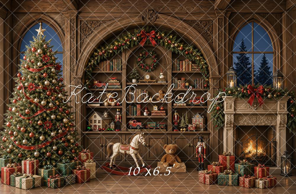 Kate Christmas Tree Fireplace Rocking Horse Bookshelves Fleece Backdrop Designed by Emetselch - Image 2
