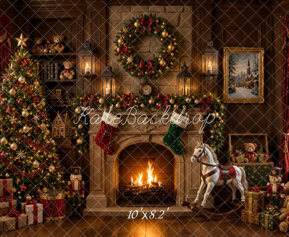 Kate Christmas Tree Fireplace Rocking Horse Fleece Backdrop Designed by Emetselch - Image 3