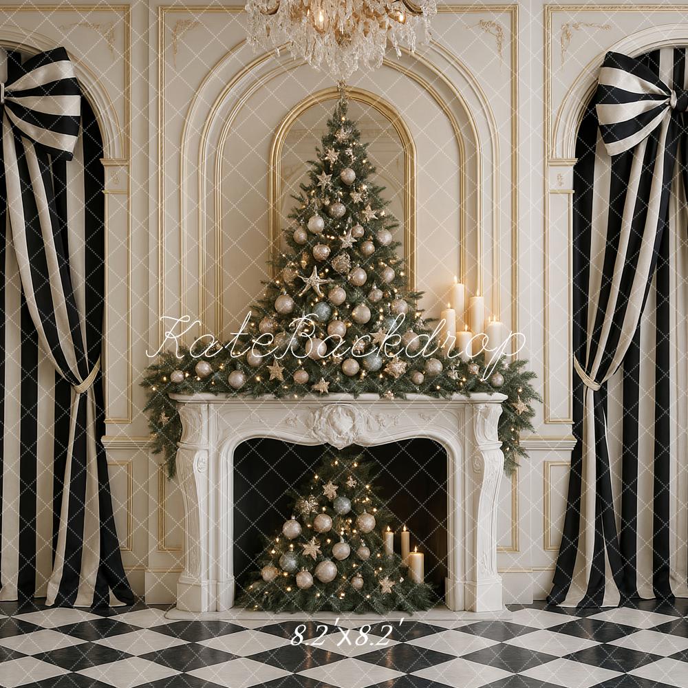 Kate Christmas Tree Fireplace Striped Bows Backdrop Designed by Ashley Paul - Image 5