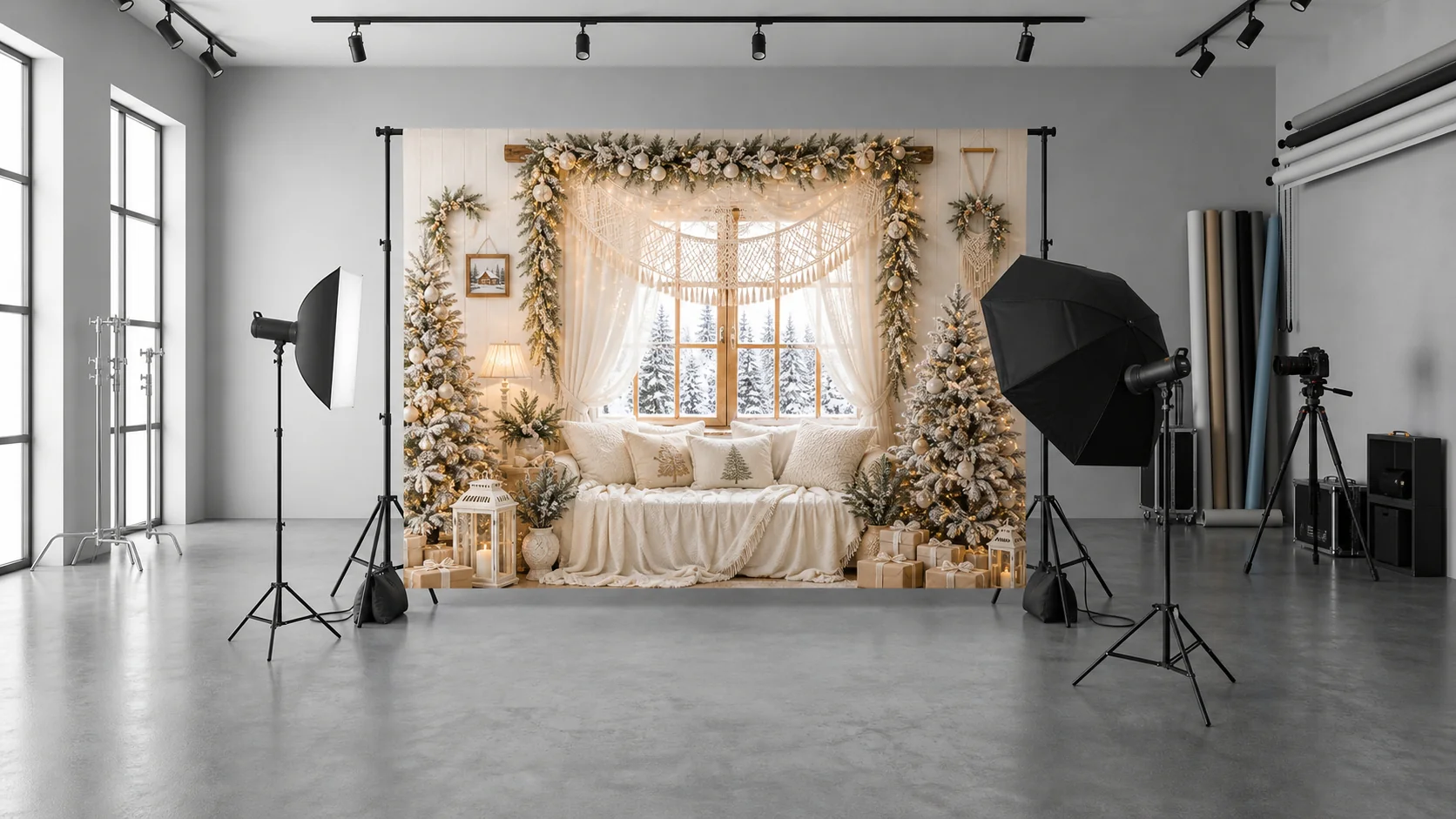 Kate Christmas Tree Garland Window Beige Backdrop Designed by Emetselch - Image 3