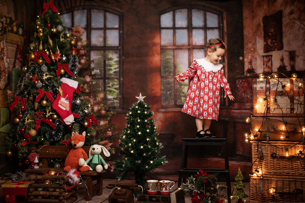 Kate Christmas Tree Window Photography Backdrop Retro Piano Photo Background