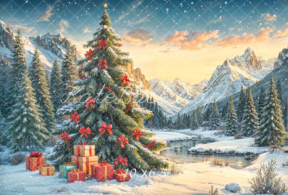 Kate Christmas Tree Snowy Mountains Fleece Backdrop Designed by Emetselch