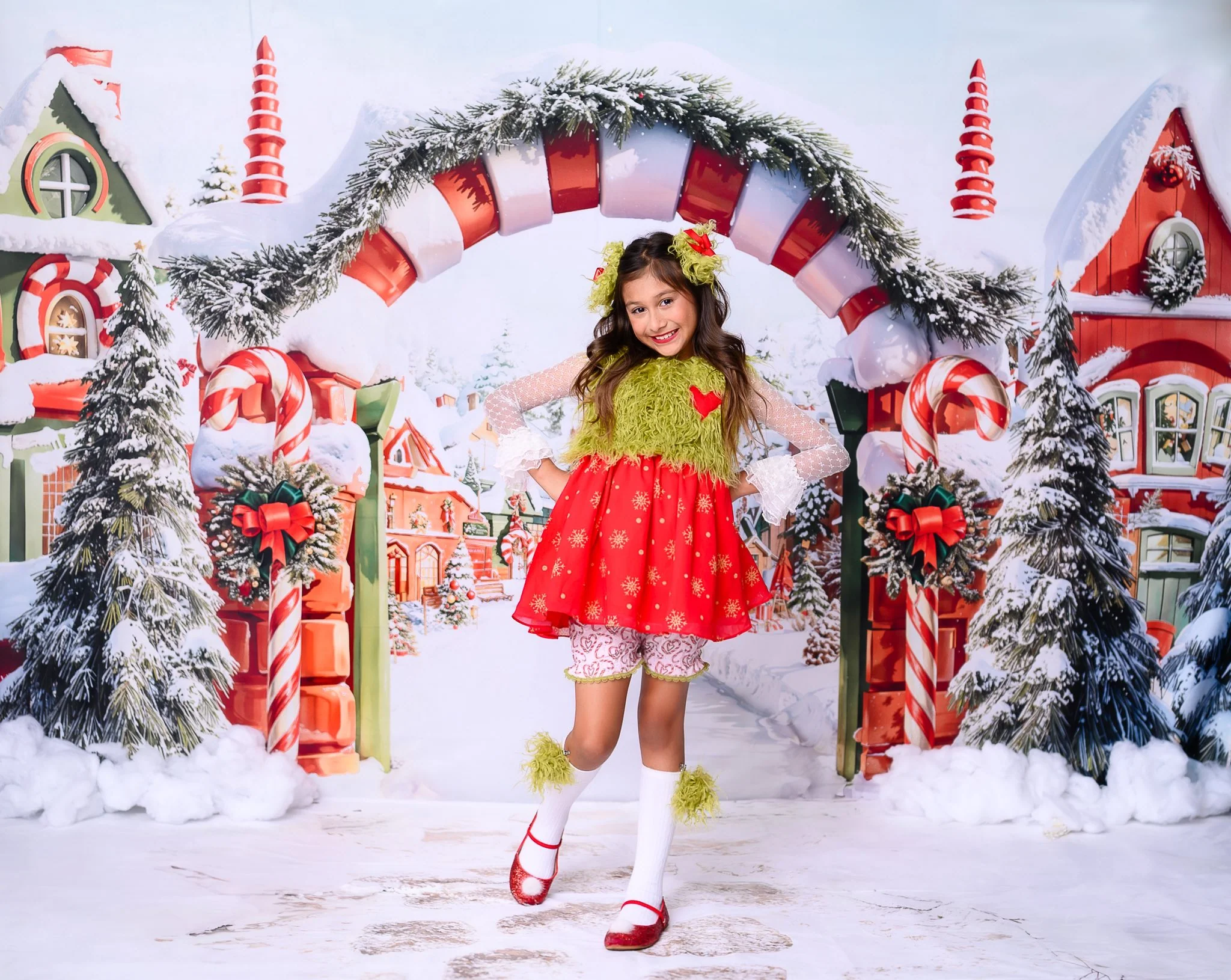 Kate Christmas Tree Village Snow Backdrop+Winter Cobblestone Path Floor Backdrop