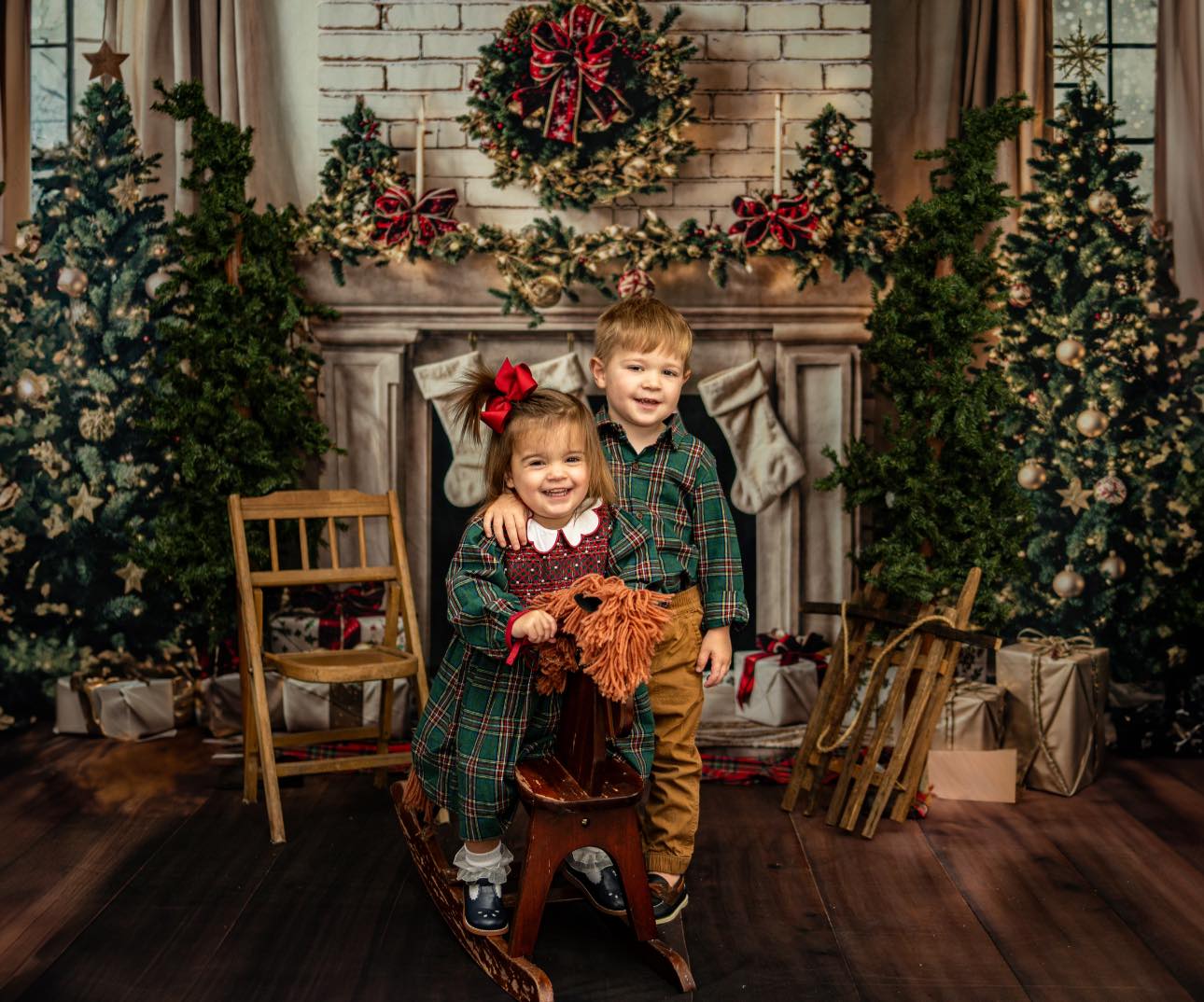 Kate Winter Christmas Tree White Retro Fireplace Backdrop Designed by Emetselch