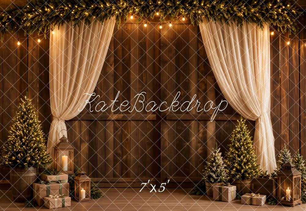 Kate Christmas Trees Curtains Wooden Wall Backdrop Designed by Emetselch