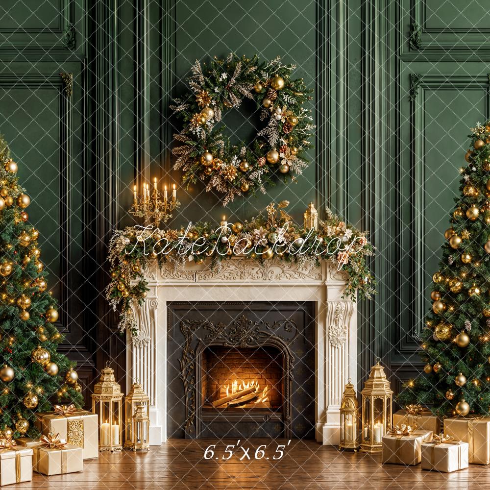 Kate Christmas Trees Fireplace Green Wall Backdrop Designed by Emetselch - Image 2