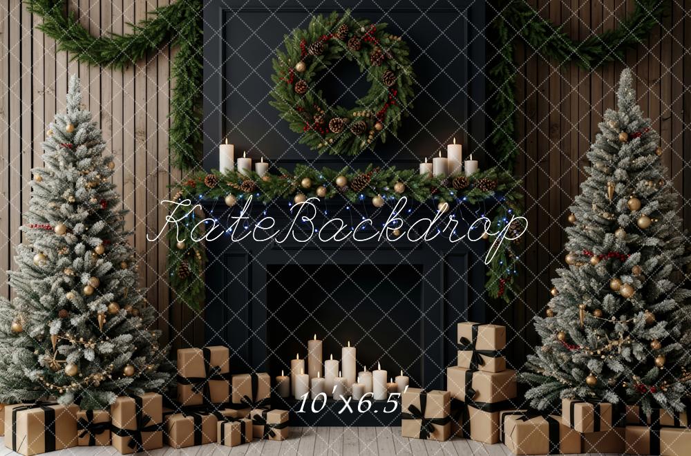 Kate Christmas Trees Fireplace Wreath Presents Fleece Backdrop Designed by Patty Robert - Image 2
