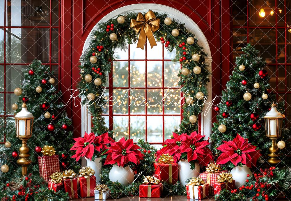 Kate Christmas Trees Garland Gifts Window Red Backdrop Designed by Mini MakeBelieve