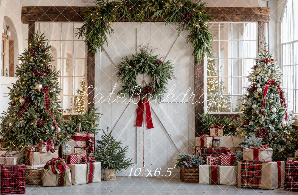 Kate Christmas Trees Garland Presents Rustic Door Backdrop Designed by Emetselch - Image 4