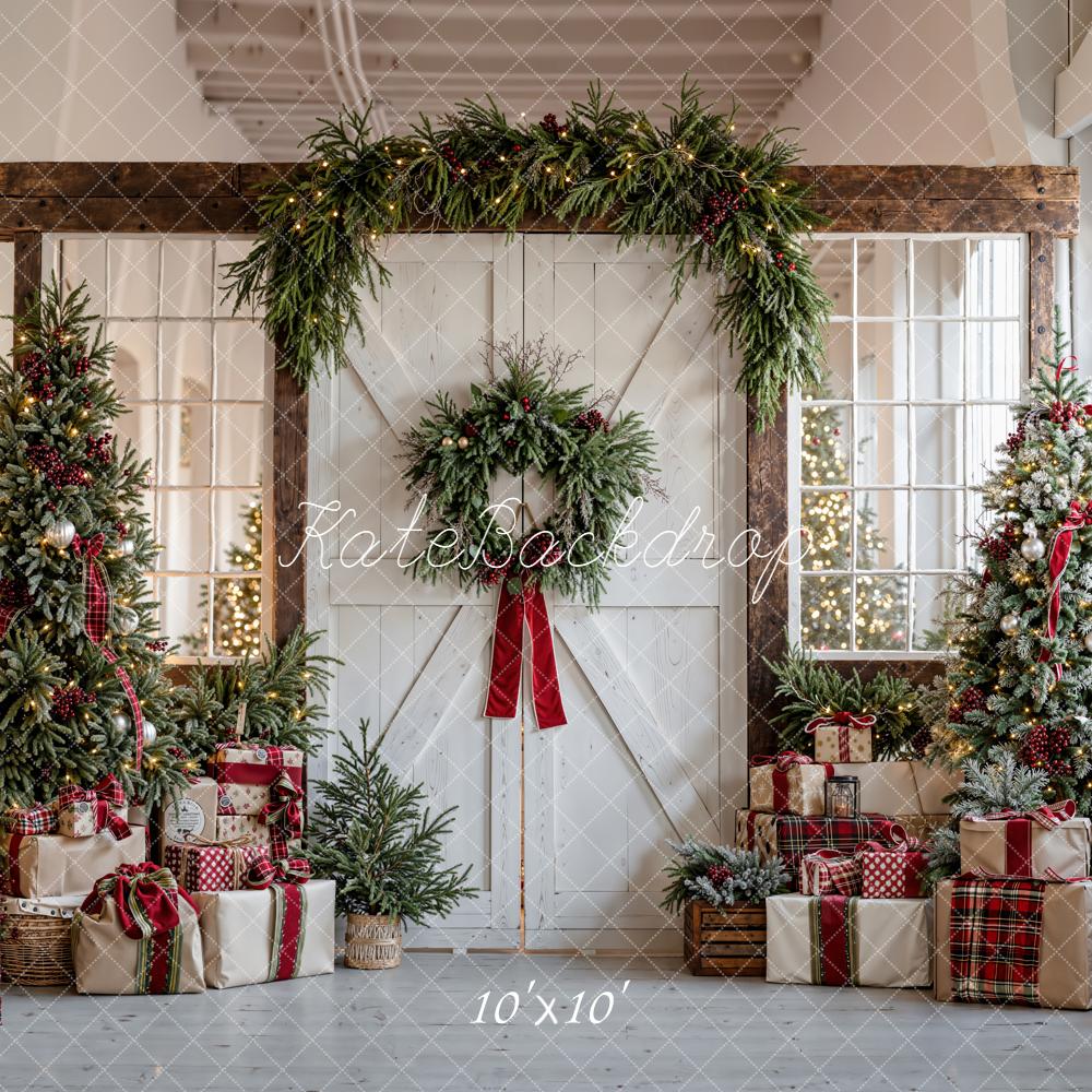 Kate Christmas Trees Garland Presents Rustic Door Backdrop Designed by Emetselch - Image 7