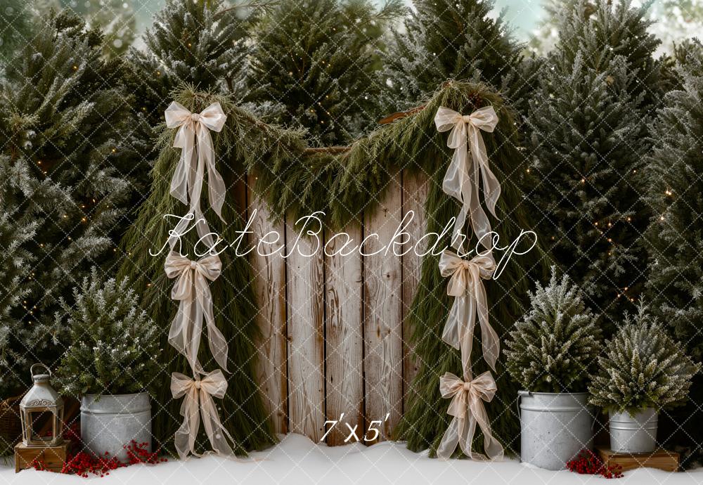 Kate Christmas Trees Garland Ribbon Rustic Wood Backdrop Designed by Emetselch