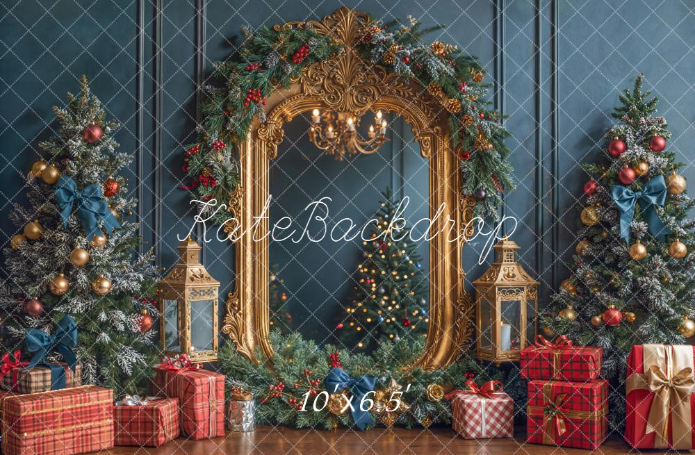 Kate Christmas Trees Gold Mirror Gifts Blue Backdrop Designed by Emetselch - Image 4