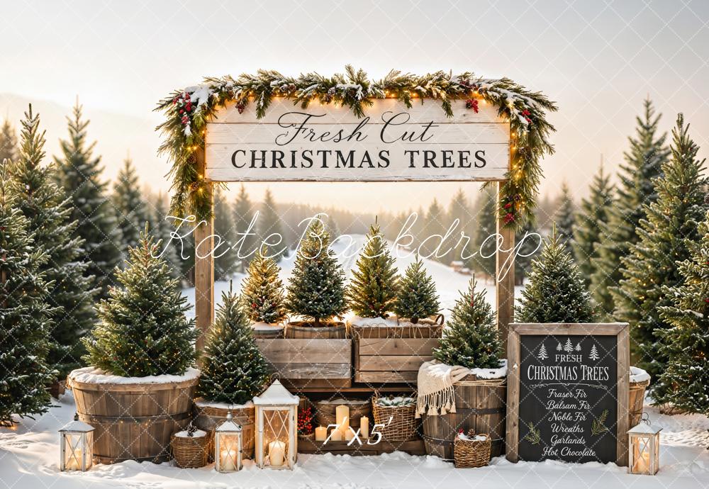 Kate Christmas Trees Market Snow Garland Lanterns Backdrop Designed by Emetselch