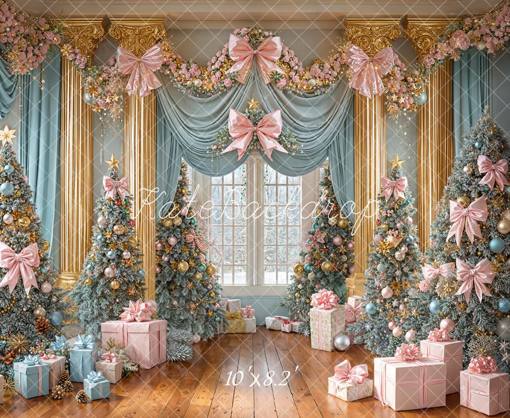 Kate Christmas Trees Pink Bows Presents Backdrop Designed by Emetselch - Image 6