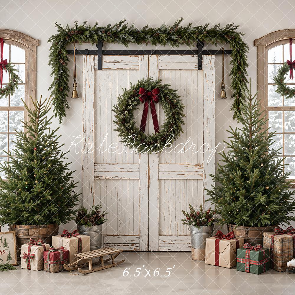 Kate Christmas Trees Presents Rustic Barn Door Backdrop Designed by Emetselch - Image 2