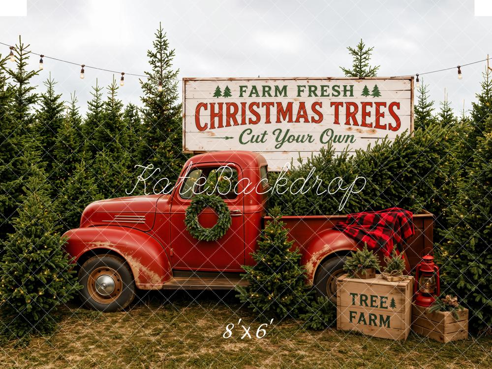 Kate Christmas Trees Red Truck Pine Forest Fleece Backdrop Designed by Emetselch