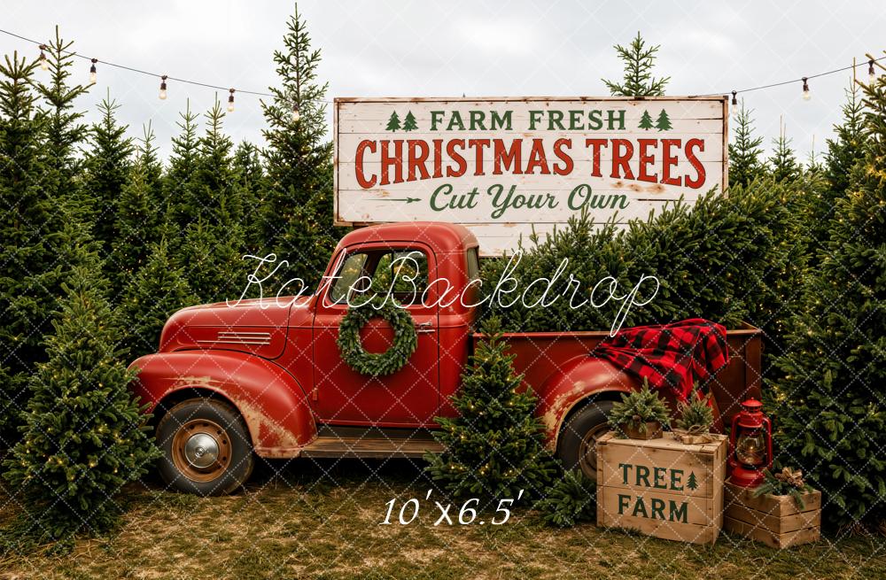 Kate Christmas Trees Red Truck Pine Forest Fleece Backdrop Designed by Emetselch - Image 2