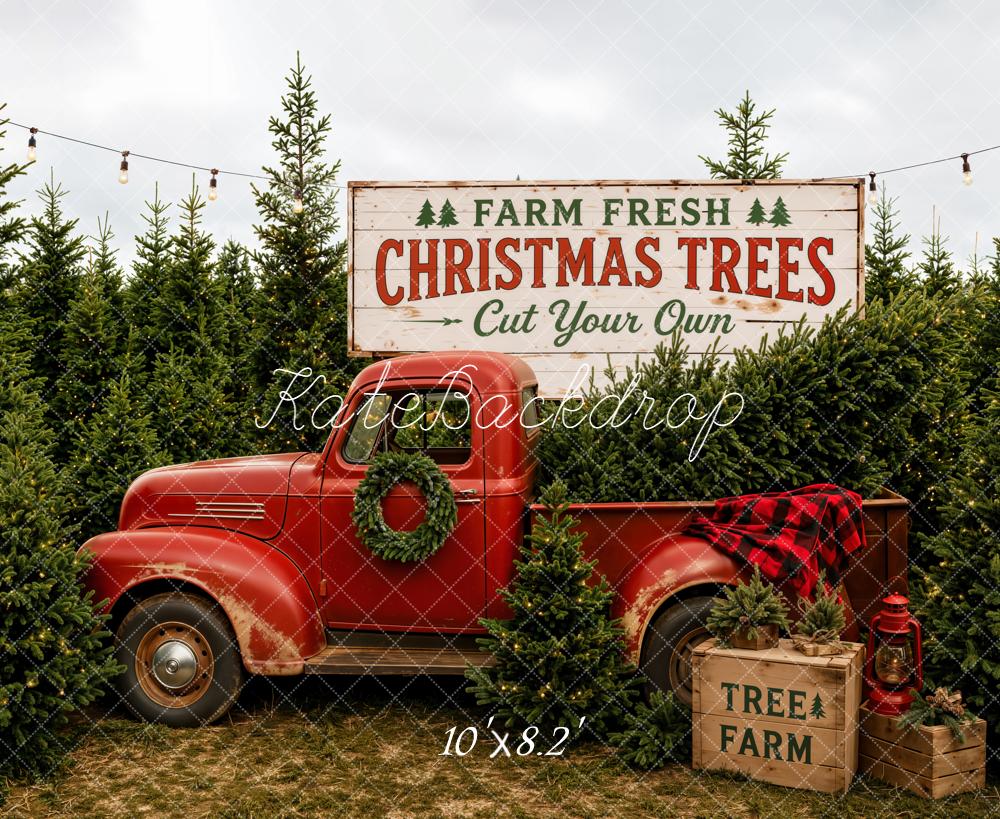 Kate Christmas Trees Red Truck Pine Forest Fleece Backdrop Designed by Emetselch - Image 3