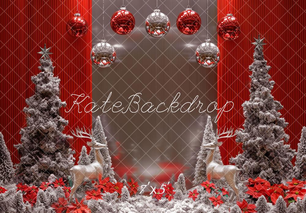 Kate Christmas Trees Reindeer Red Backdrop Designed by Mini MakeBelieve