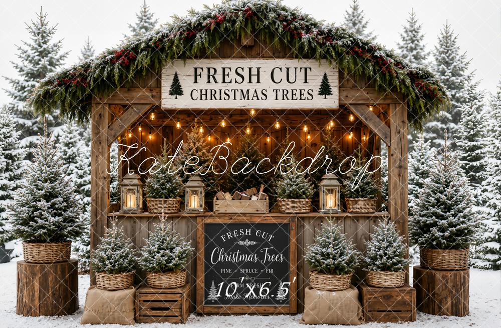 Kate Christmas Trees Wooden Market Snow Fleece Backdrop Designed by Emetselch - Image 2