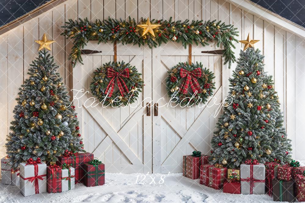 Kate White Christmas Trees Wreath Barn Door Fleece Backdrop Designed by Emetselch - Image 4