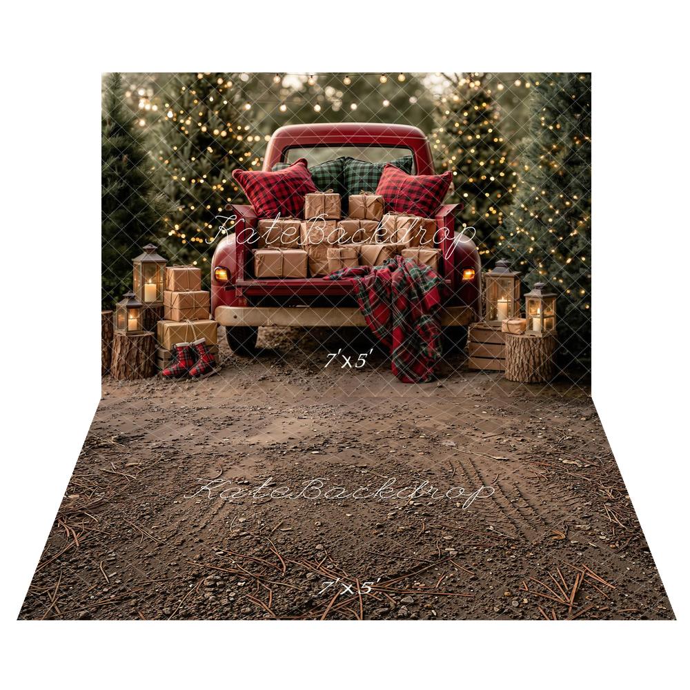 Kate Christmas Truck Presents Lanterns Backdrop+Muddy Ground Pebbles Pine Needles Backdrop