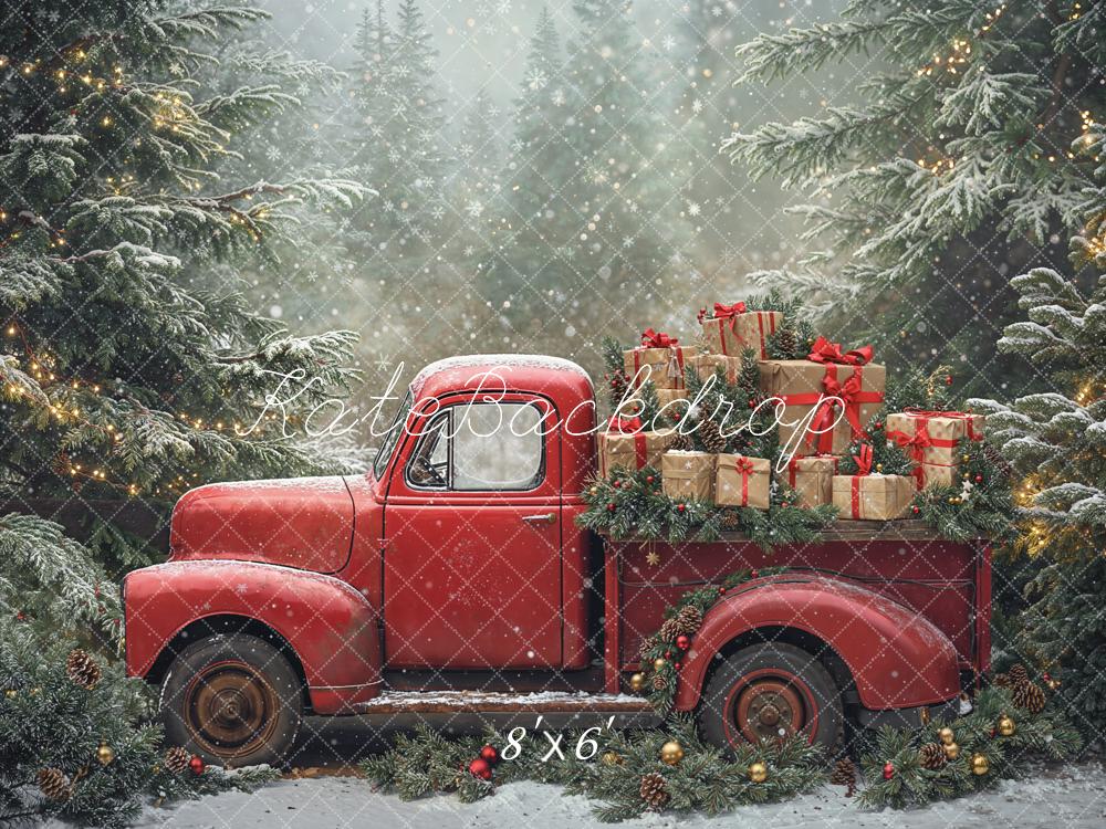 Kate Christmas Truck Snowy Pine Trees Fleece Backdrop Designed by Emetselch