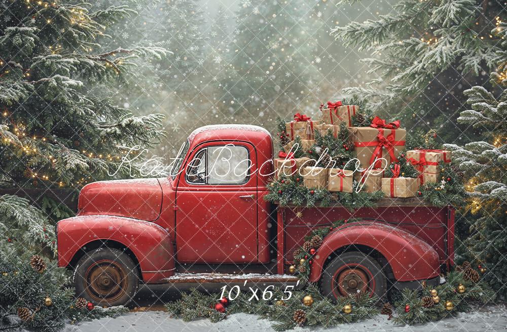 Kate Christmas Truck Snowy Pine Trees Fleece Backdrop Designed by Emetselch - Image 2