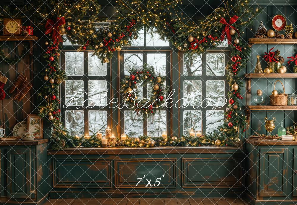 Kate Vintage Green Christmas Kitchen Backdrop Designed by Emetselch - Image 2
