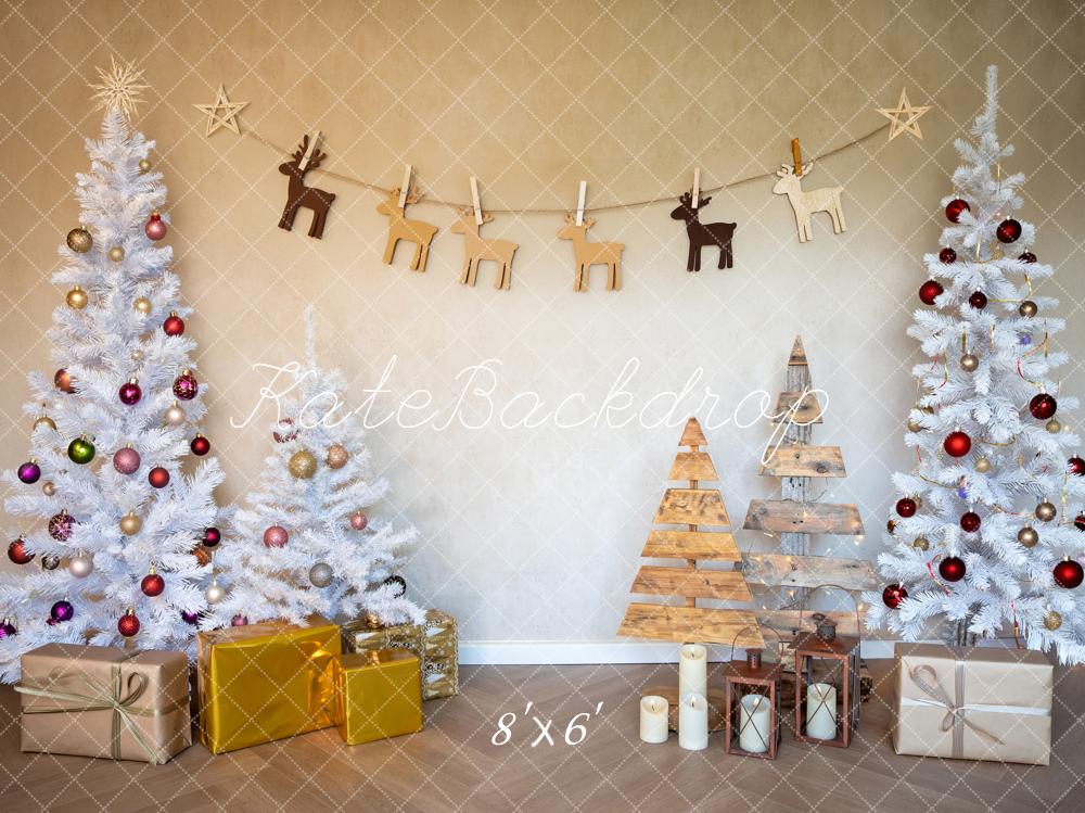 Kate Christmas White Trees Wooden Decorations Fleece Backdrop Designed by Fantasyphotoart