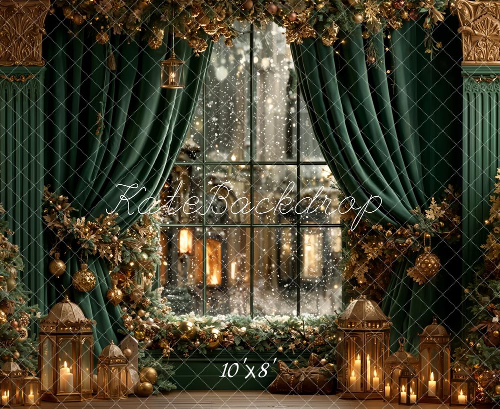 Kate Christmas Window Green Curtains Fleece Backdrop Designed by Emetselch - Image 3