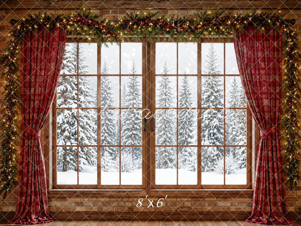 Kate Christmas Window Red Curtains Snowy Trees Backdrop Designed by Emetselch - Image 3