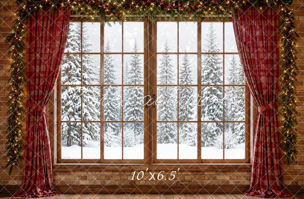 Kate Christmas Window Red Curtains Snowy Trees Backdrop Designed by Emetselch - Image 4