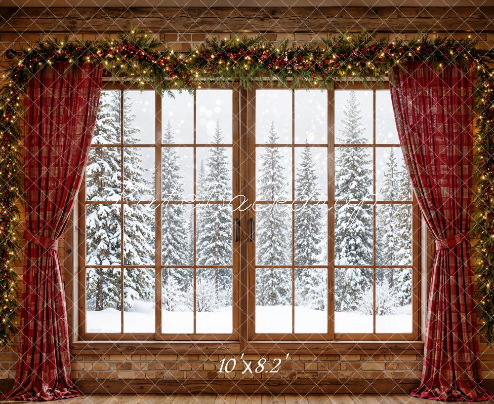 Kate Christmas Window Snowy Trees Garland Fleece Backdrop Designed by Emetselch - Image 3