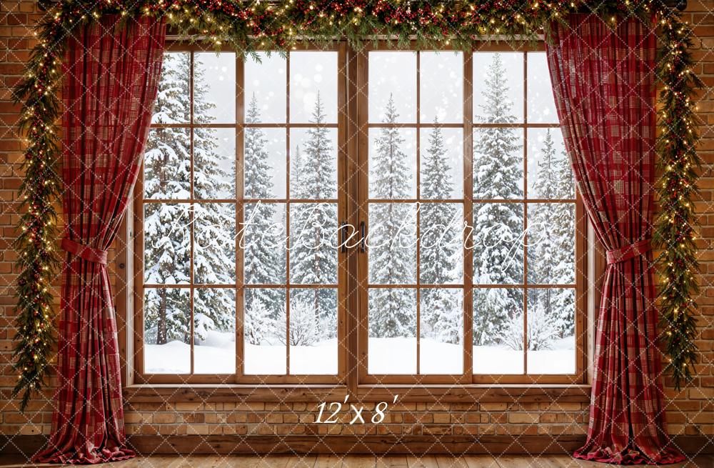 Kate Christmas Window Snowy Trees Garland Fleece Backdrop Designed by Emetselch - Image 4