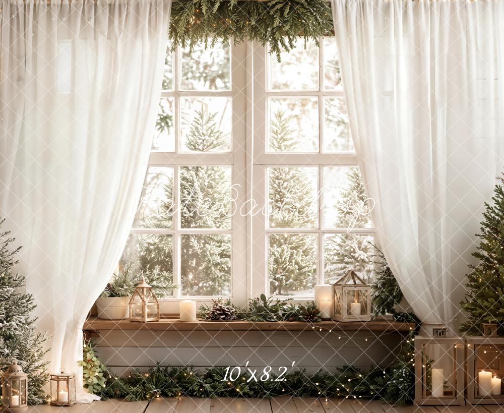 Kate Christmas Window Pine Trees Candles Fleece Backdrop Designed by Emetselch - Image 3