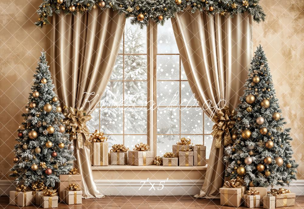 Kate Christmas Window Trees Gold Curtain Backdrop Designed by Emetselch