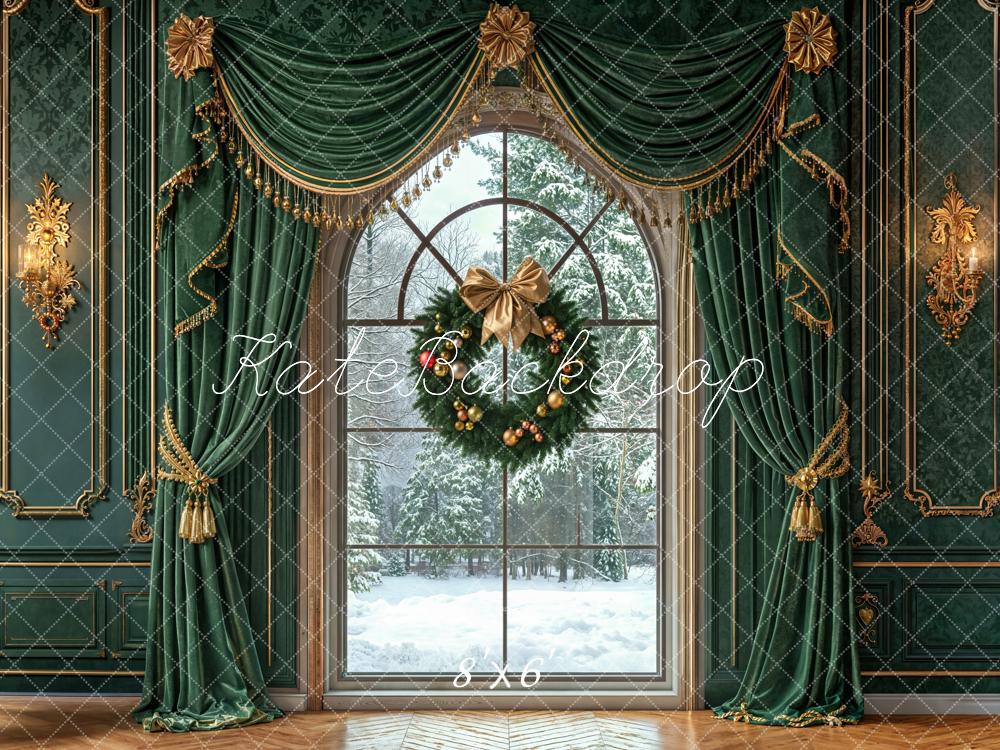 Kate Christmas Window Wreath Green Curtains Fleece Backdrop Designed by Emetselch