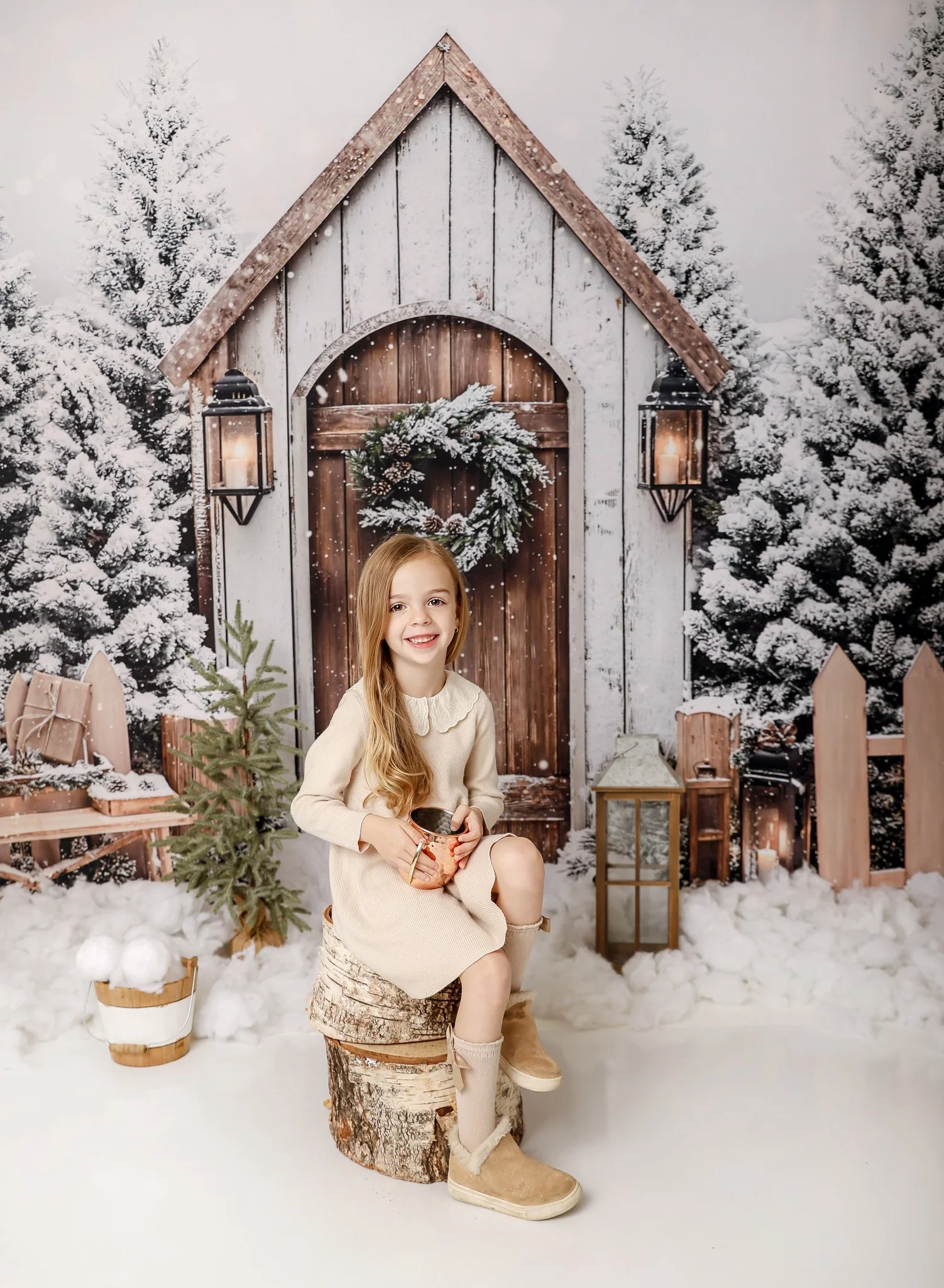 Kate Christmas Winter Cabin Snowy Fence Backdrop Designed by Emetselch