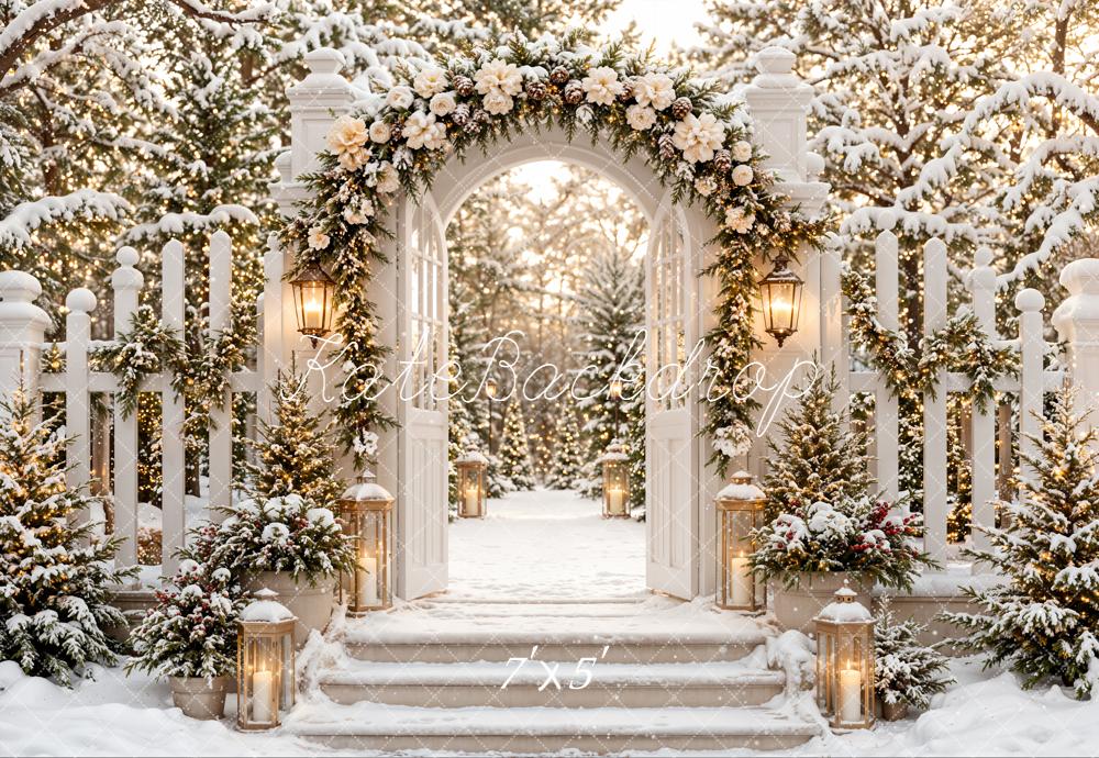 Kate Christmas Winter Garland Arch Snowy Trees Backdrop Designed by Emetselch