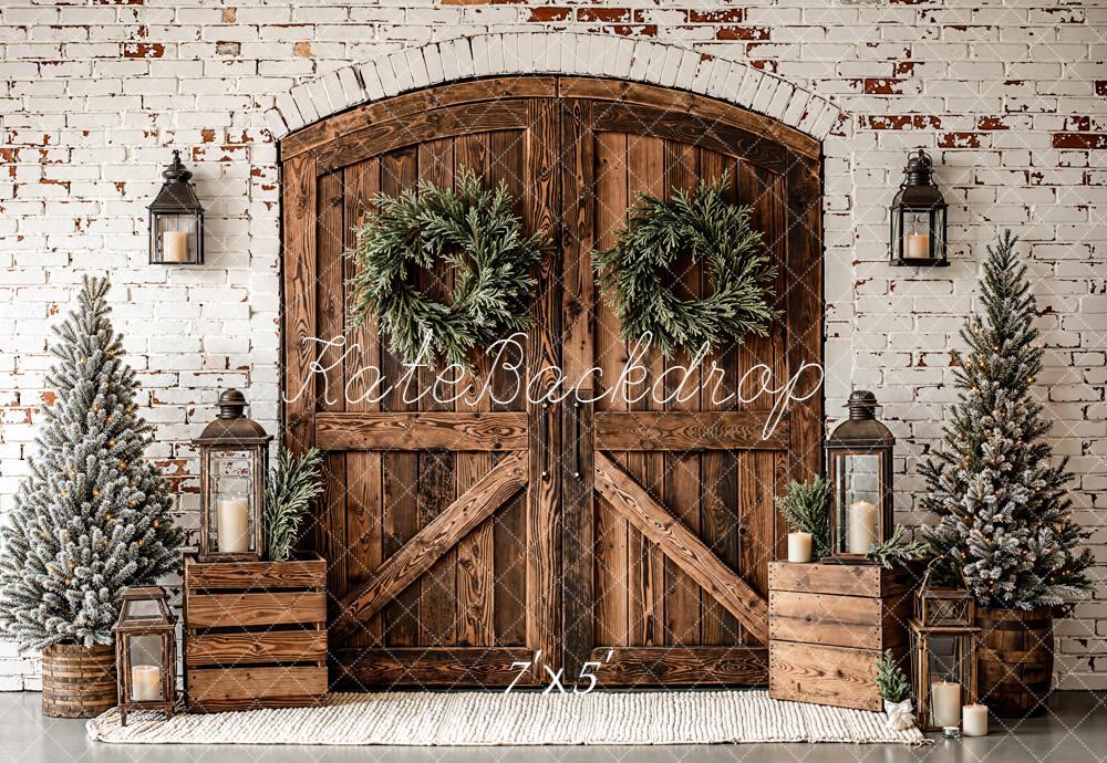 Kate Christmas Wooden Door Brick Wall Trees Backdrop Designed by Emetselch