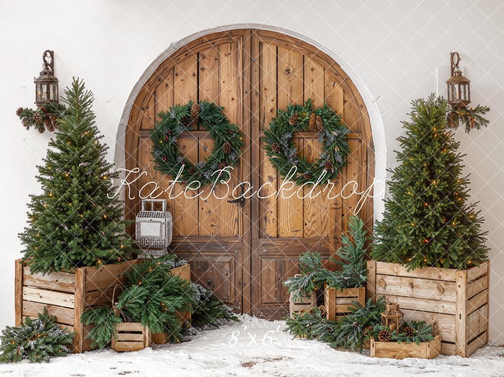 Kate Christmas Wooden Door Pine Trees Crates Fleece Backdrop Designed by Emetselch