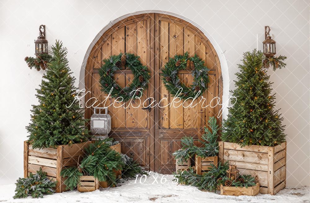 Kate Christmas Wooden Door Pine Trees Crates Fleece Backdrop Designed by Emetselch - Image 2